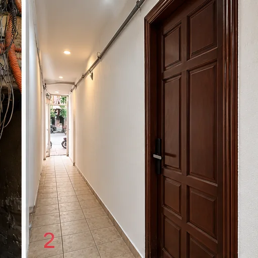 Cánh cửa gỗ bên trái trong lối đi